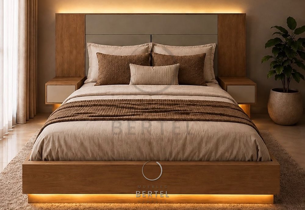 Cama Nova con cabecero en roble y panel gris, luz LED bajo la cama
